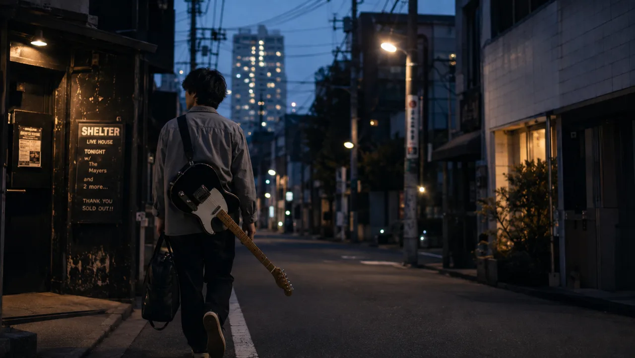 ライブを終え、夜の街へ歩き出すアーティスト