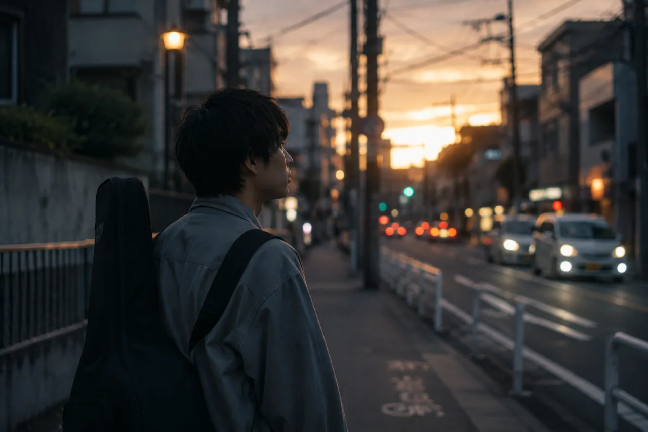 夕暮れの街をギターと歩くアーティスト