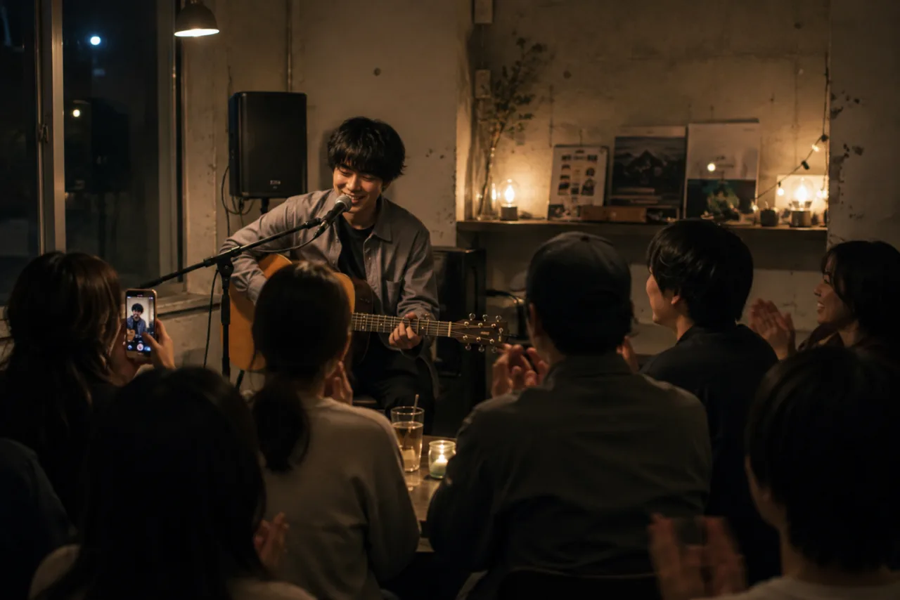 小さな会場で演奏を受け取る観客