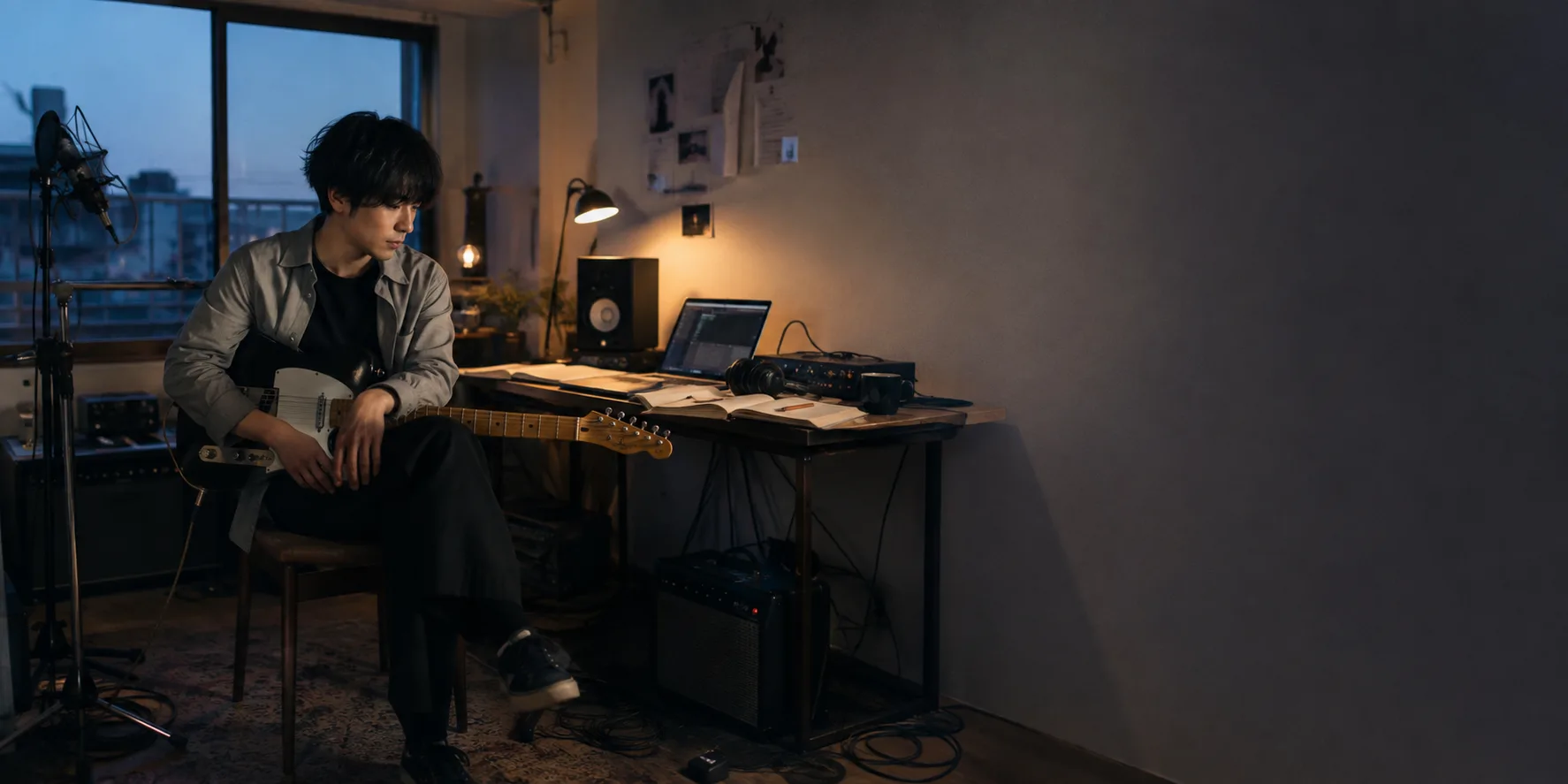 夕暮れの制作室でギターを手にするアーティスト