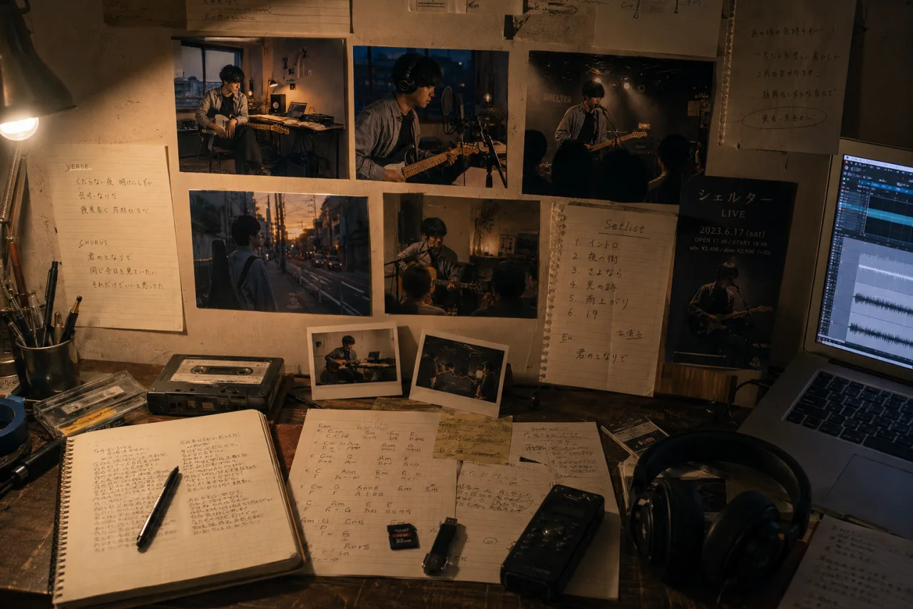 写真、音源、ノートが積み重なるアーティストの記録