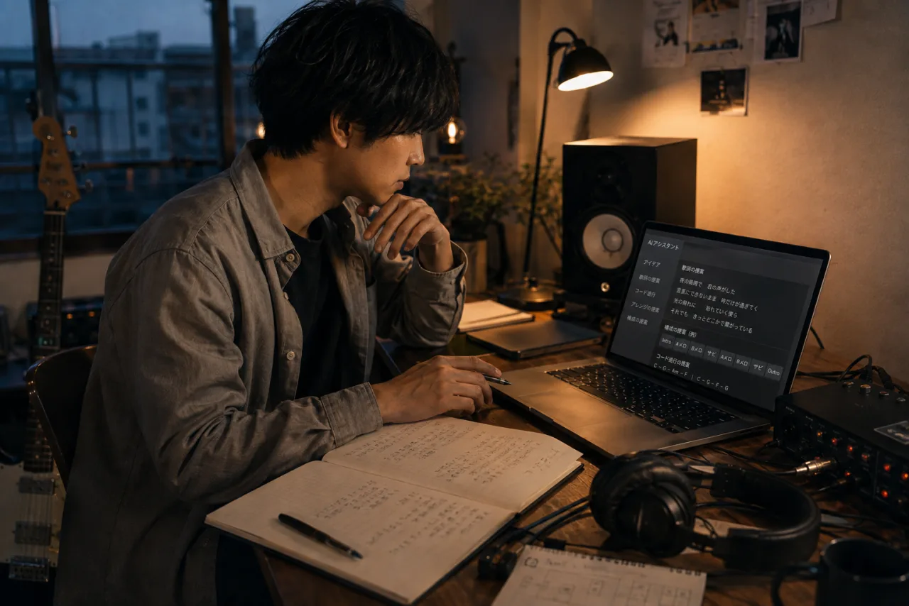 制作室でAIの提案を吟味するアーティスト