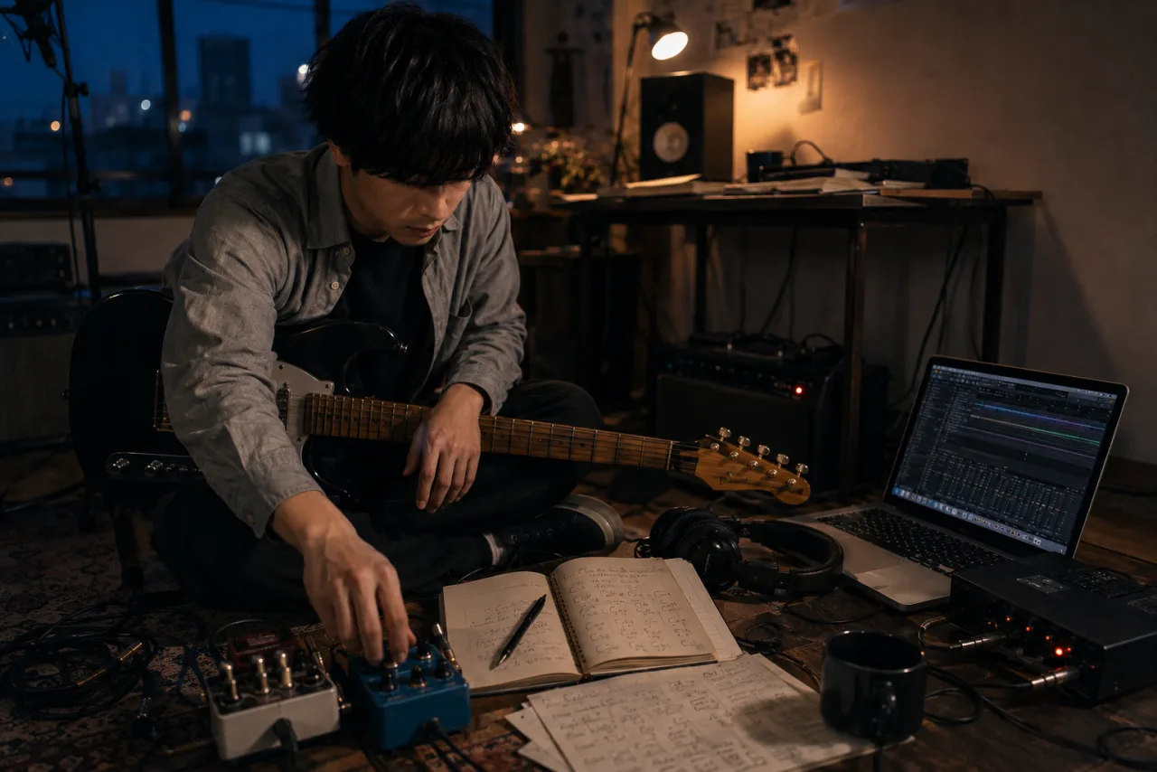 機材を足元に広げ、新しい音を試す制作風景