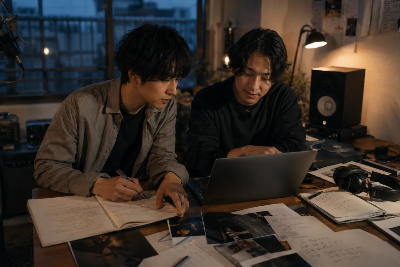 ノートと音源を囲み、作品の方向性を考える二人