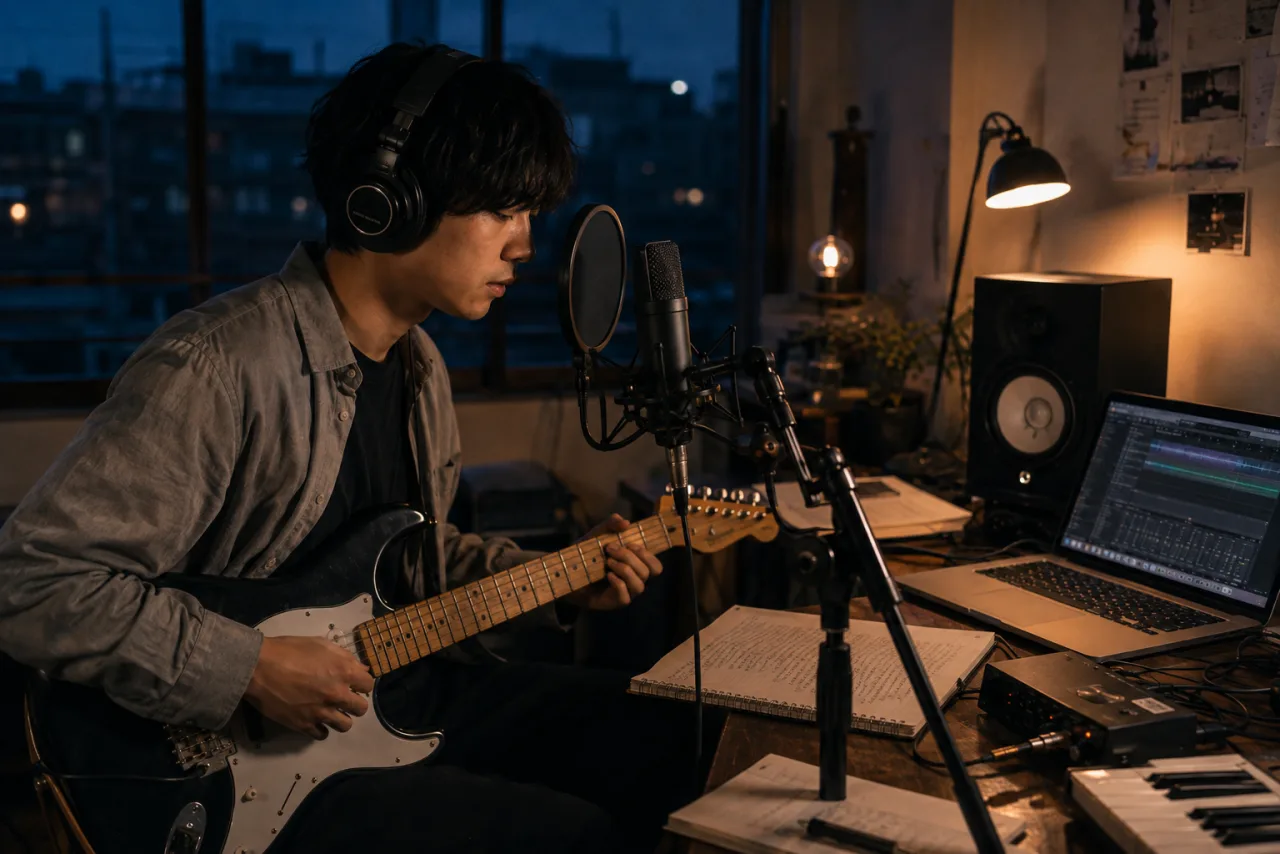 制作室で歌とギターを録音するアーティスト