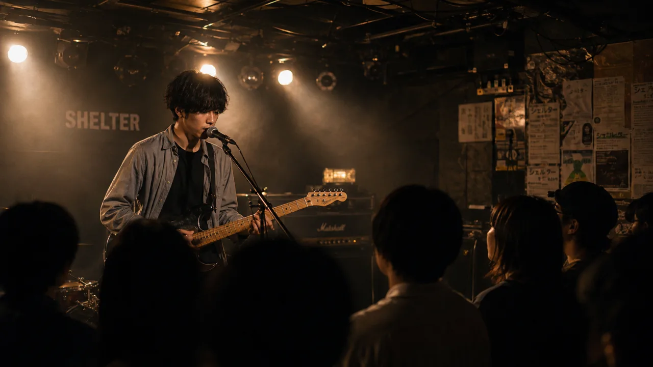 観客の前で演奏するアーティストとステージの光